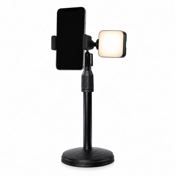 Tabletop Smartphone Holder with Detachable Small Fill Light, 2030cm Adjustable Height Desk Phone Mount for Selfie Video Call Content Creation