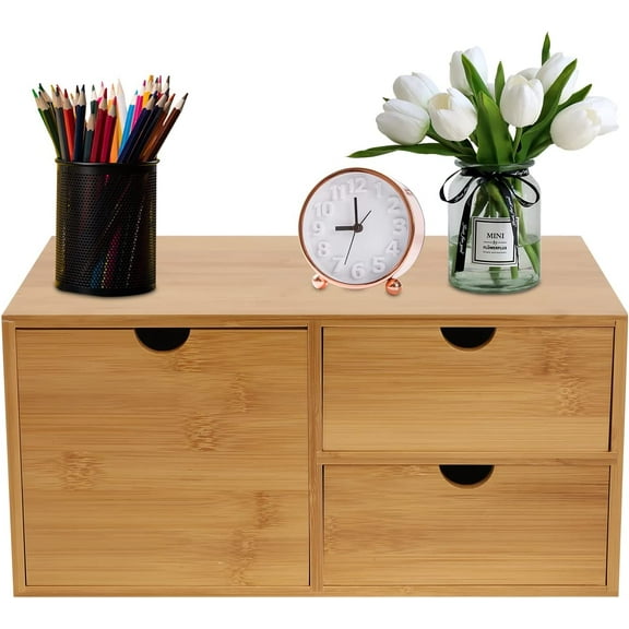 Tabletop Storage Organization Box with 3 Drawers Natural Mini Bamboo Tabletop Storage Container Night Stand Table Organizer for Sorting and Storing No Assembly Required 12.99 * 7.48 * 6.3in