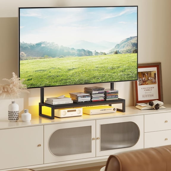 Tabletop TV Mount Stand with Led Light for 32-65 Inch TVs, Height Adjustable Universal TV Base Stand, TV Riser Stand with Storage Soundbar Shelf for Living Room,Bedroom(Black)