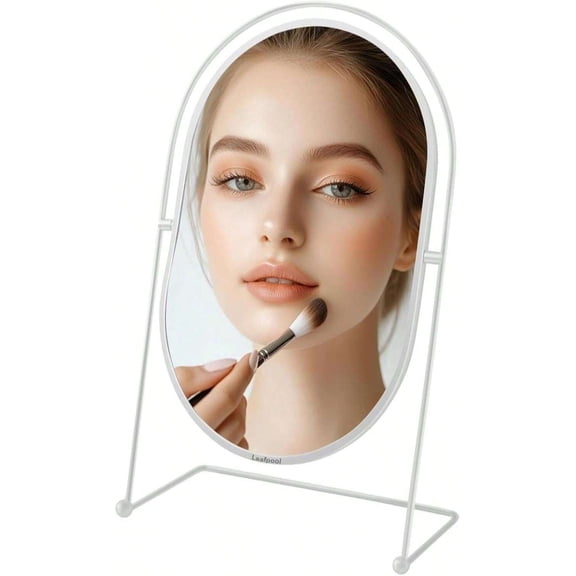 Tabletop Vanity Makeup Mirror with Stand, 360 Rotation Adjustable Standing Desk Mirror, Small Silver Table Top Mirror for Office, Bedroom & Bathroom