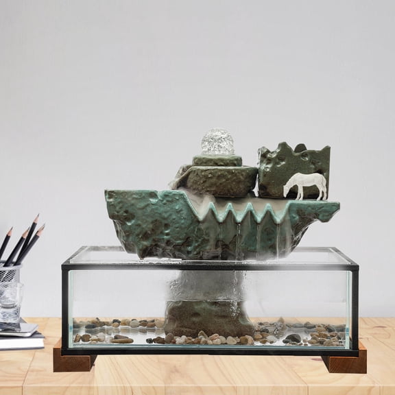 Tabletop Water Fountain, 16x8x5in Glass Fish Tank with LED Lights and Atomizer, Includes Horse Sculpture for Home and Office Decor