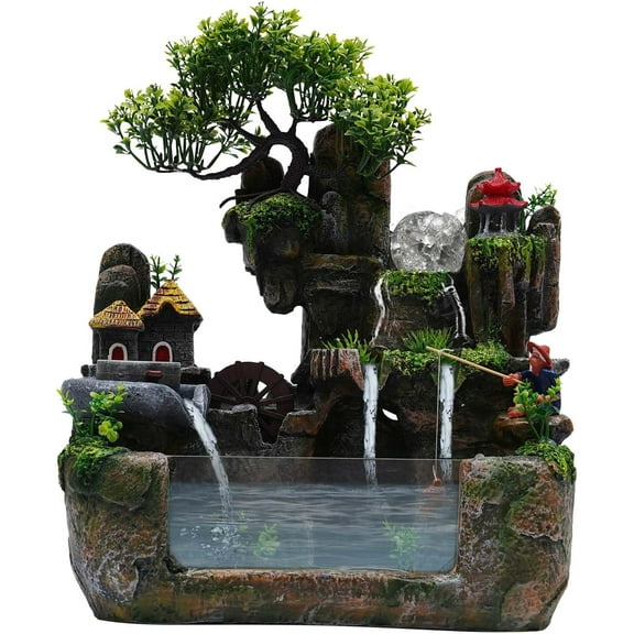 Tabletop Water Fountain, Rockery Fountain, Desktop Chinese Fengshui Indoor Waterfall with LED Lights, Atomizer & Crystal Ball, Suitable for Living Room, Bedroom, Office Decoration