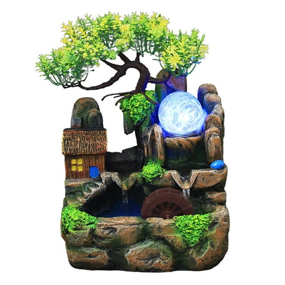 Tabletop Water Fountain Rockery with LED Multi-Colored Lights Ornament Cascading Caves Tree Simulation River with Pump Crafts fog