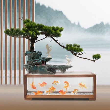 Tabletop Water Fountains Indoors w/ LED Light, Fake Plants?Rockery and Aquariums