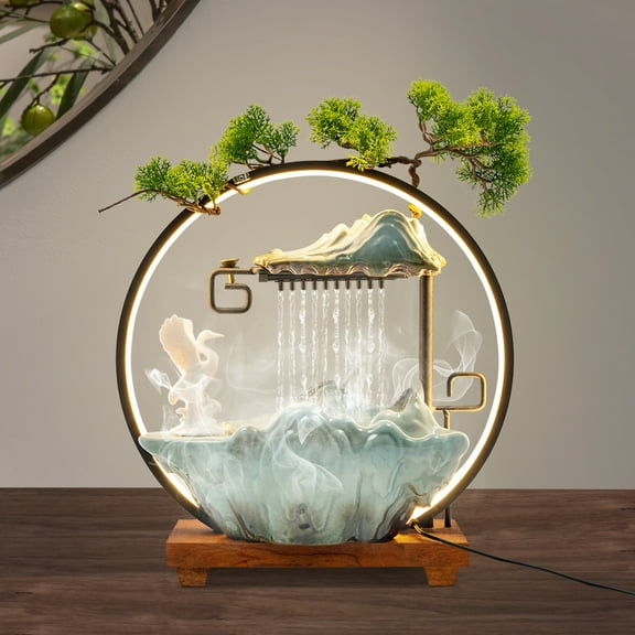 Tabletop Waterfall Fountain 3-Source Power 36W Atomizer LED Crane Feng Shui Gift for Office Home