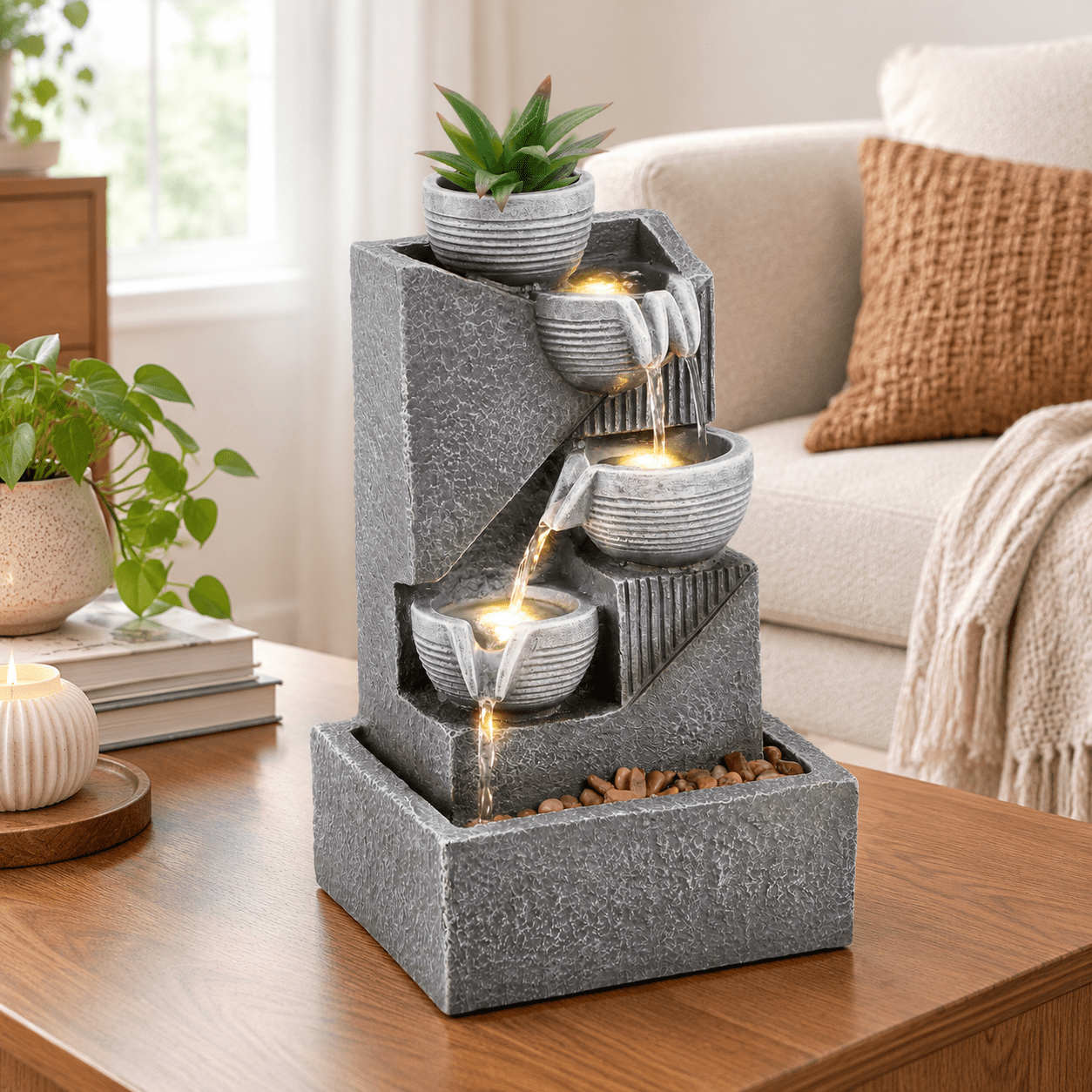 Tabletop Waterfall Fountain with LED, Style 15, Compact Indoor Decor ...