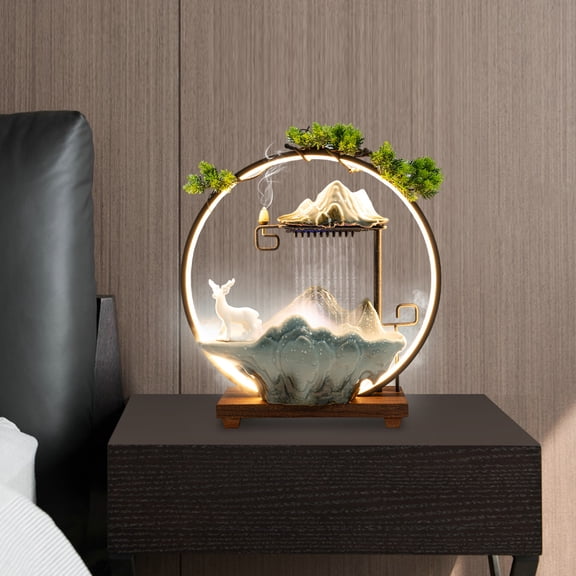 Tabletop Waterfall Ornament, 40cm LED Ring with Mist Maker, Wood and Ceramic Construction, Includes Deer Statue for Home and Office Decor