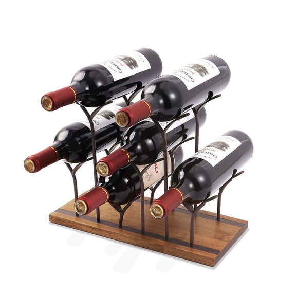 Tabletop Wood Wine Holder, Countertop Wine Rack, Hold 4 Wine Bottles and 4 Glasses, Perfect for Home Decor & Kitchen Storage Rack, Bar, Wine Cellar, Cabinet, Pantry, etc, Wood & Metal (Bronze)