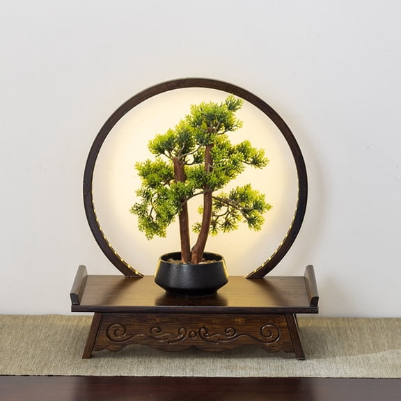 Tabletop Wooden Buddhist Altar Cabinet With LED Lamp Ring Household Shrine Altar Table Small Buddha Statue Base Zen Prayer Tea Table Ornaments for Living Room Entrance