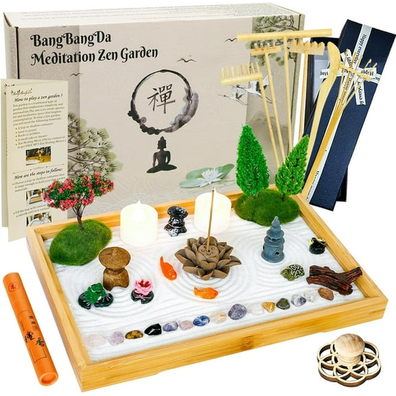 Tabletop Zen Garden Kit Set - Mini Rock Sand Garden Zen Gift Set for Home Office Desk Japanese Decor 7 Zen Tools Mini Rakes 21 Accessories Bamboo Sand Tray Therapy Desktop Meditation Room Gifts