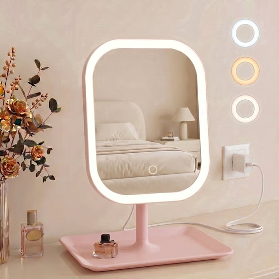 Weymikeze Portable Desk Mirror, Small Mirror For Desk With 3-Color Dimmable LED Light, HD Reflection, Rotatable & Detachable Vanity Mirror for Travel,Pink