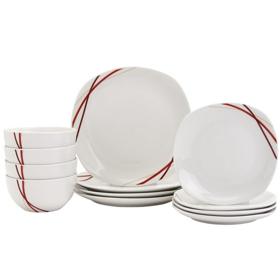 Tabletops Gallery 12 Piece Adrian White Red Ceramic Dinnerware Set, Soft Square Dinner Plates Dishes Bowls, Service for 4