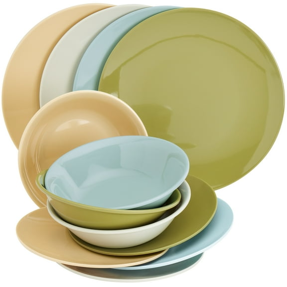 Tabletops Gallery 12 Piece Blue Green Coral Melamine Dinnerware Set Plates Bowls for Indoor/Outdoor Use, Service for 4, Enchanted