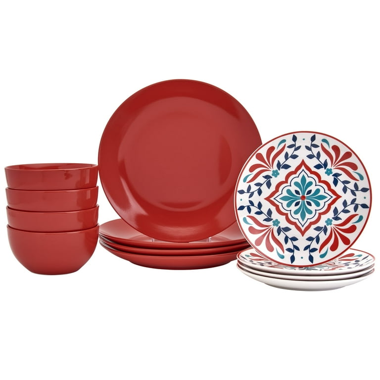 Tabletops Gallery 12 Piece Camila Red Patterned Ceramic Dinnerware