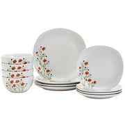 Tabletops Gallery 12 Piece Caroline White Floral Ceramic Dinnerware Set, Soft Square Dinner Plates Dishes Bowls, Service for 4