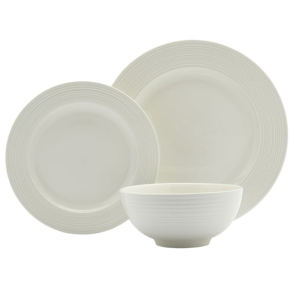 Tabletops Gallery 12 Piece Contempo Embossed Porcelain White Dinnerware Set of Plates Bowls Dishes - Service for 4