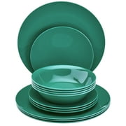 Tabletops Gallery 12 Piece Dark Green Melamine Dinnerware Set Plates Bowls for Indoor/Outdoor Use, Service for 4, Emerald