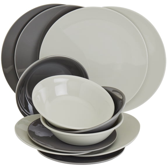 Tabletops Gallery 12 Piece Gray Melamine Dinnerware Set Plates Bowls for Indoor/Outdoor Use, Service for 4, Grayscale