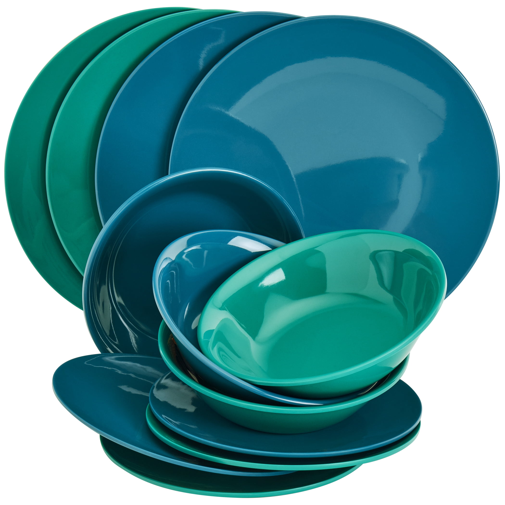 Blue and Green Melamine Dinnerware Set, Service for 4