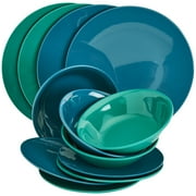 Tabletops Gallery 12 Piece Green Blue Melamine Dinnerware Set Plates Bowls for Indoor/Outdoor Use, Service for 4, Tropical