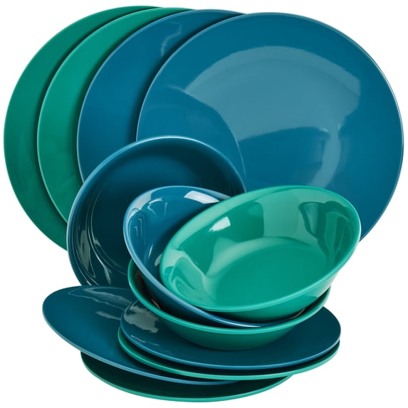 Tabletops Gallery 12 Piece Green Blue Melamine Dinnerware Set Plates Bowls for Indoor/Outdoor Use, Service for 4, Tropical