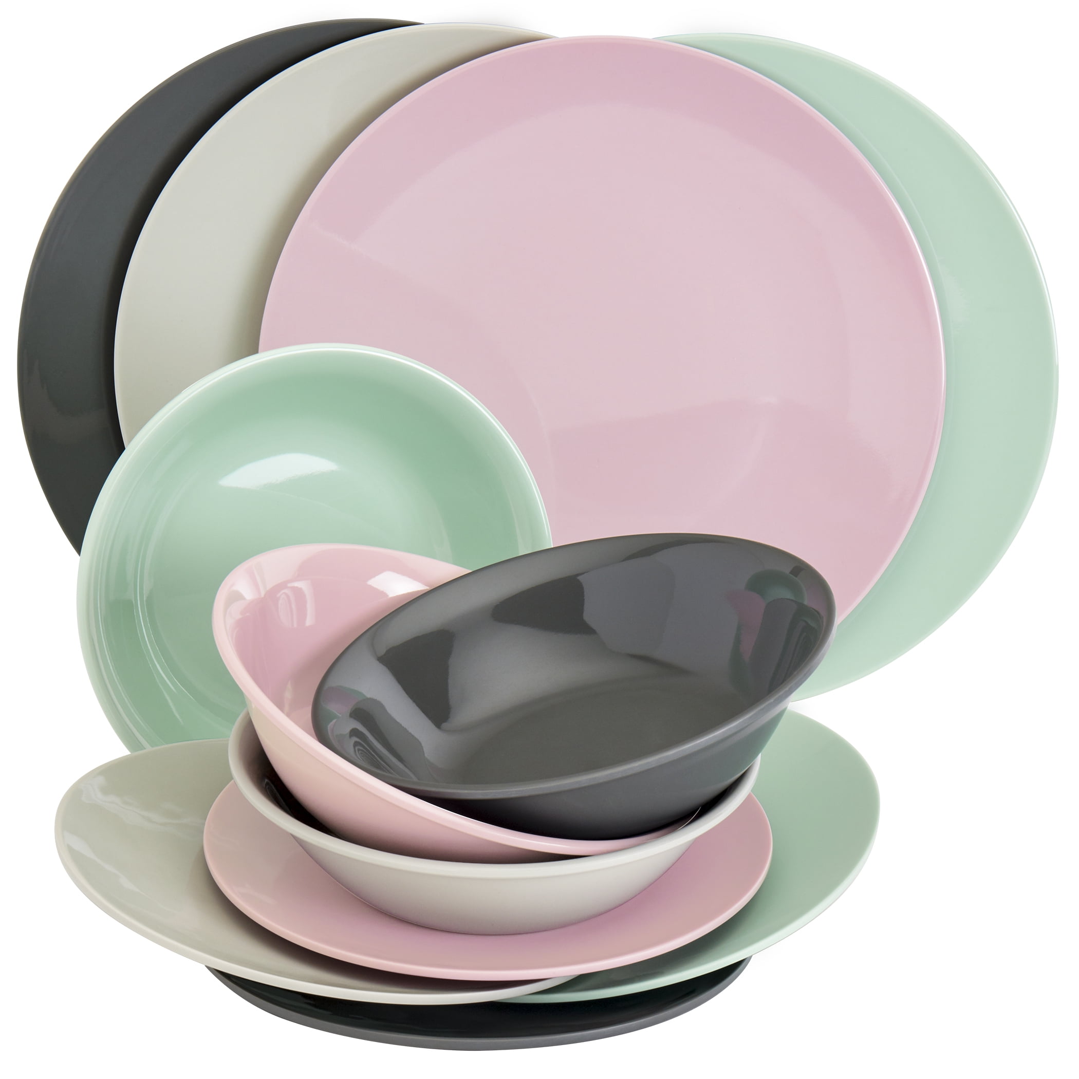Pastel Pink Green Gray Melamine Dinnerware Set, Service for 4