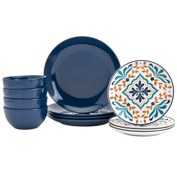 Tabletops Gallery 12 Piece Isabella Blue Patterned Ceramic Dinnerware Set, Dinner Plates Dishes Bowls, Service for 4