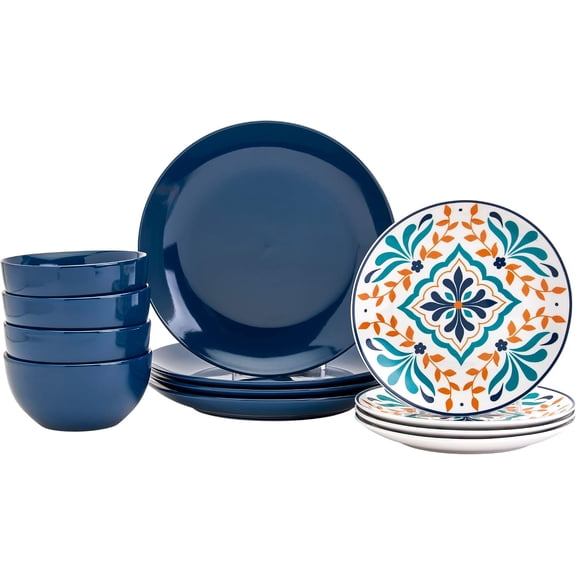 Tabletops Gallery 12-Piece Isabella Patterned Ceramic Dinnerware Set of Kitchen Dishes, Dinner Plates, Cereal Bowls, Service for 4, Blue