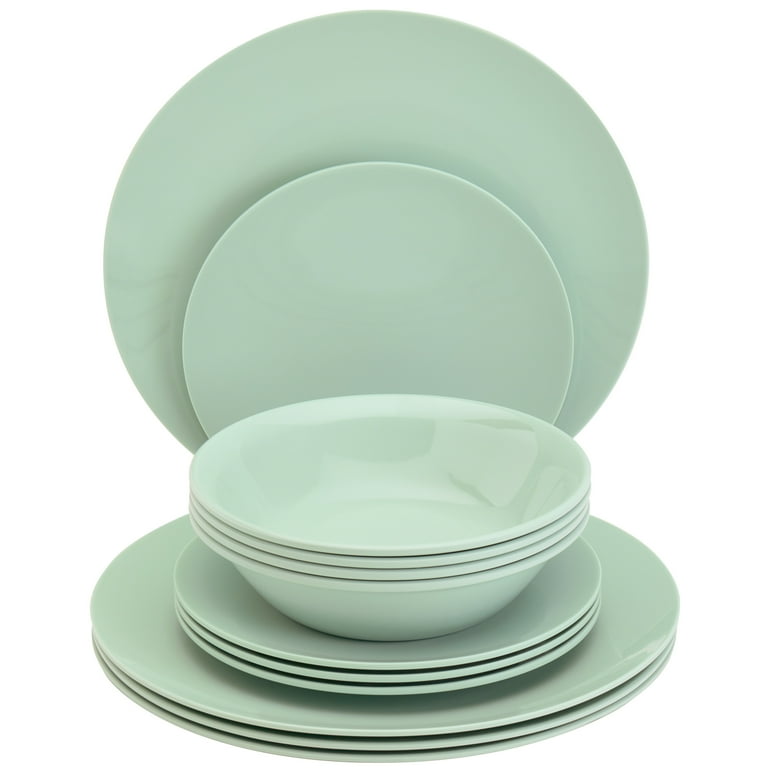 Tabletops Gallery 12 Piece Light Green Melamine Dinnerware Set Plates Bowls for Indoor Outdoor Use Service for 4 Mint