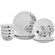 Tabletops Gallery 12 Piece Margo White Floral Hibiscus Ceramic Dinnerware Set, Round Dinner Plates Dishes Bowls, Service for 4
