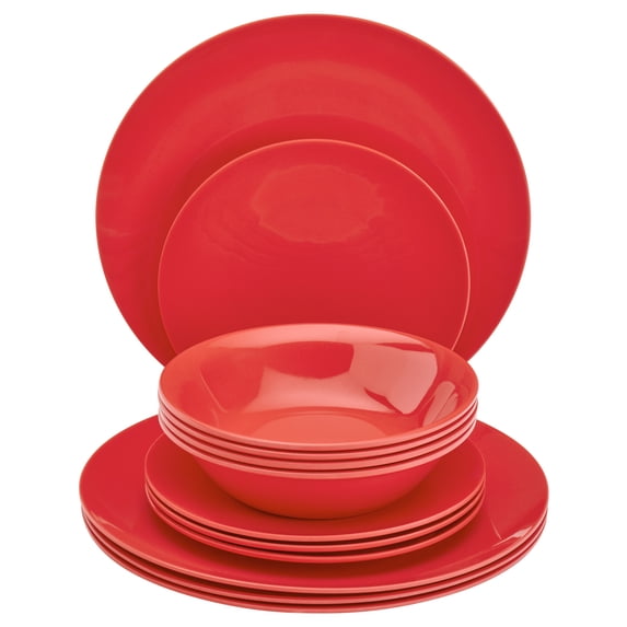 Tabletops Gallery 12 Piece Red Melamine Dinnerware Set Plates Bowls for Indoor/Outdoor Use, Service for 4, Scarlet