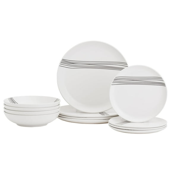 Tabletops Gallery 12 Piece Skye White Stripe Stoneware Dinnerware Set, Round Dinner Plates Dishes Bowls, Service for 4