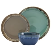 Tabletops Gallery 12 Piece Tuscan Reactive Glaze Stoneware Dinnerware Set of Plates Bowls Dishes (Blue, Green, Brown) - Service for 4