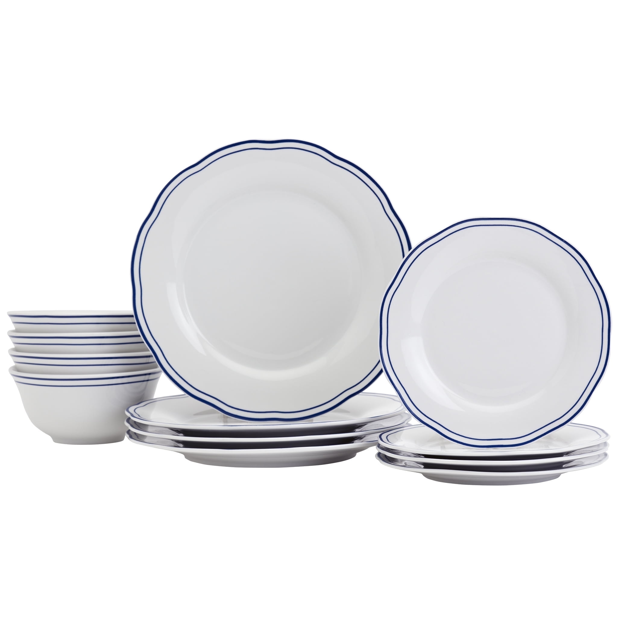 12 Piece White Porcelain Dinnerware Set with Blue Stripes