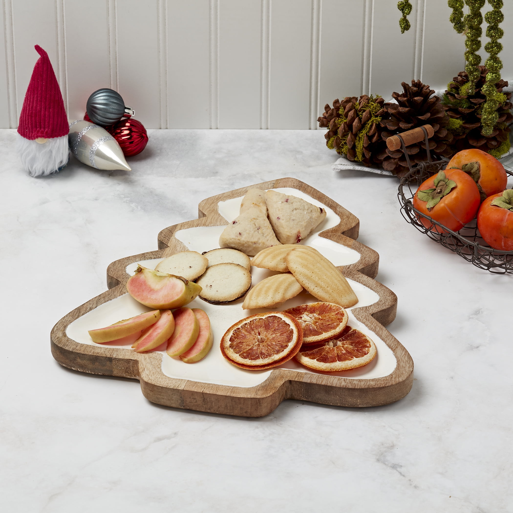 Tabletops Gallery 14" Mango wood serving tray w/ Enamel White Christmas