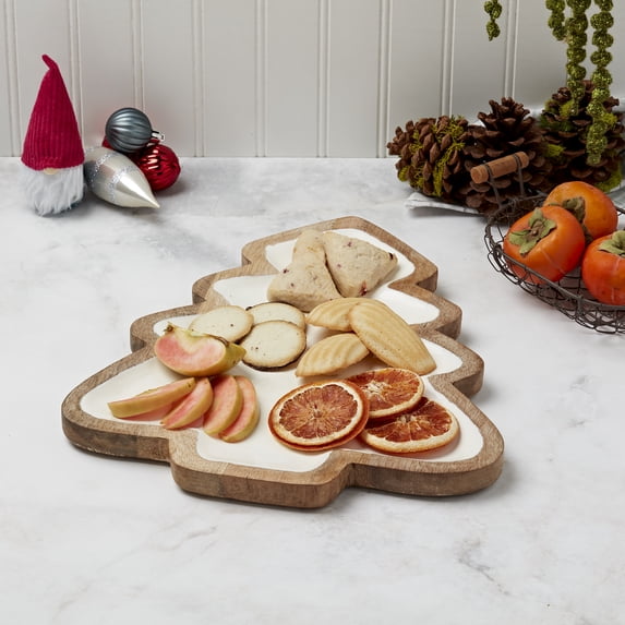 Tabletops Gallery 14" Mango wood serving tray w/ Enamel White Christmas Tree