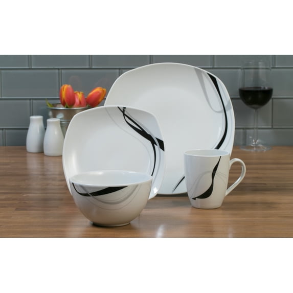 Tabletops Gallery 16 Piece Carnival Soft Square Porcelain Dinnerware Set, Service for 4