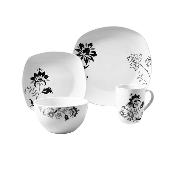 Tabletops Gallery 16 Piece Rebecca Square Floral Porcelain Dinnerware Set, Service for 4