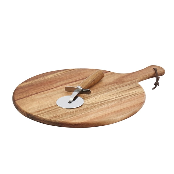 Tabletops Gallery 2-Piece Acacia Wood Pizza Board Serving Set with Pizza Wheel Cutter