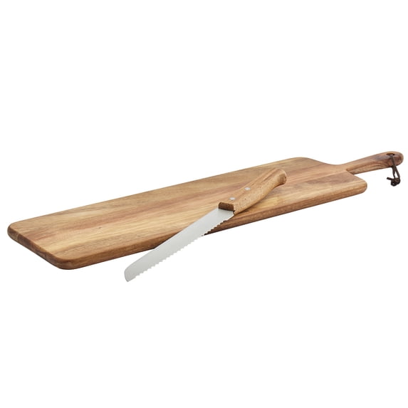 Tabletops Gallery 2-Piece Acacia Wood Serving Board Tray with Slicing Bread Knife Set