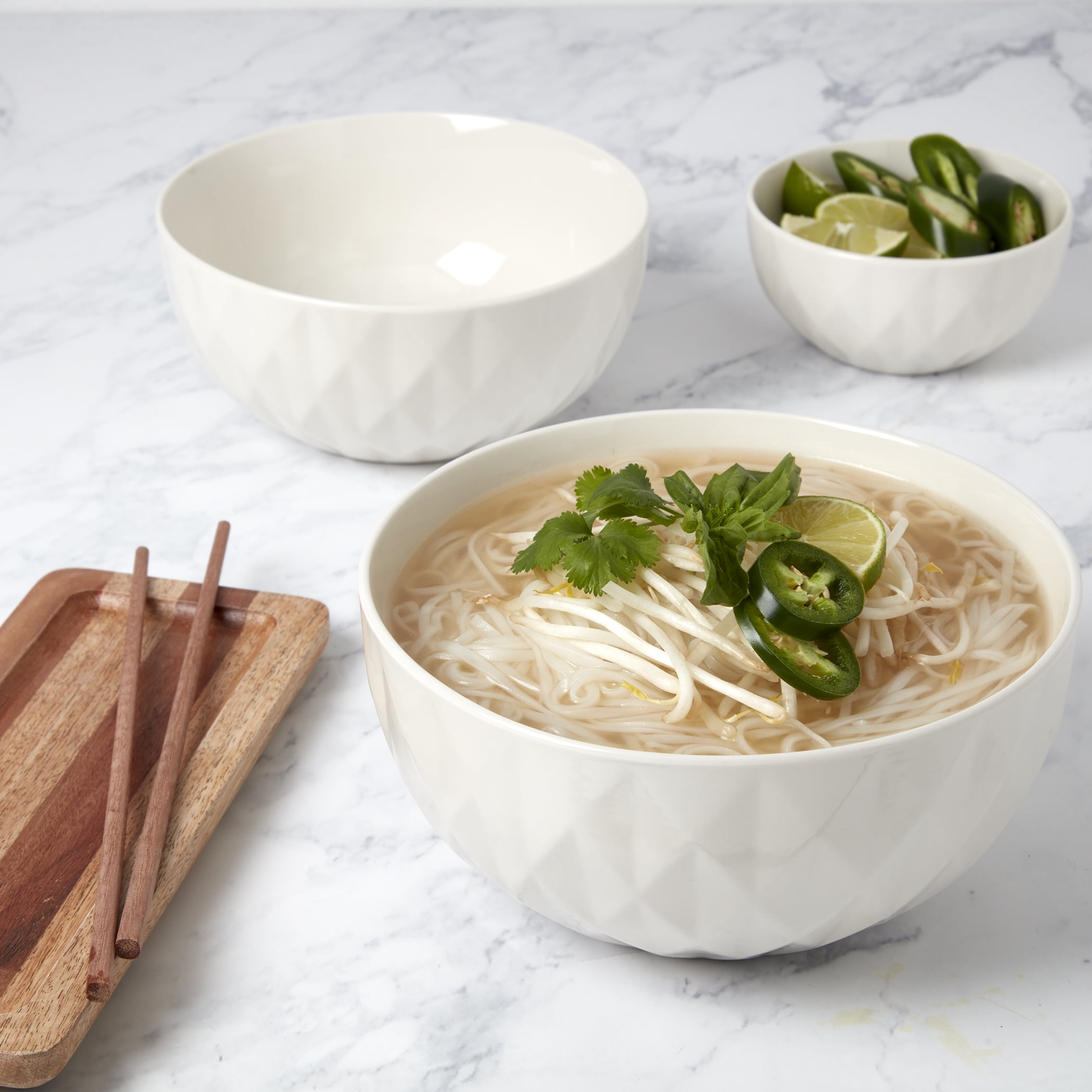 White Diamond Embossed Ceramic Bowl Set, 8", 7" & 5"