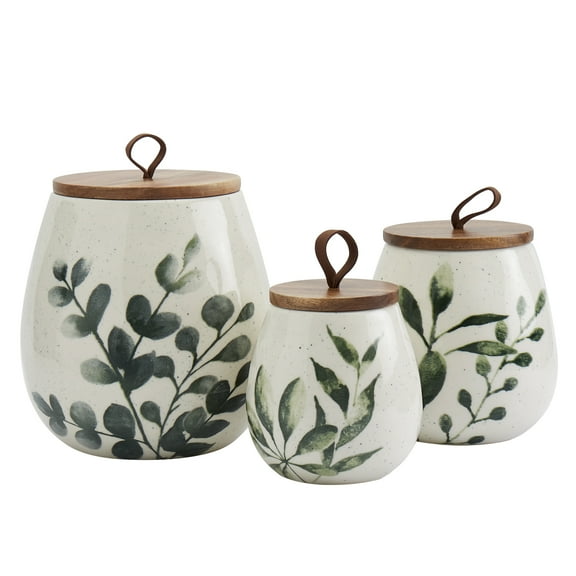 Tabletops Gallery 3 Piece Green Leaf Canisters With Acacia Wood Lids