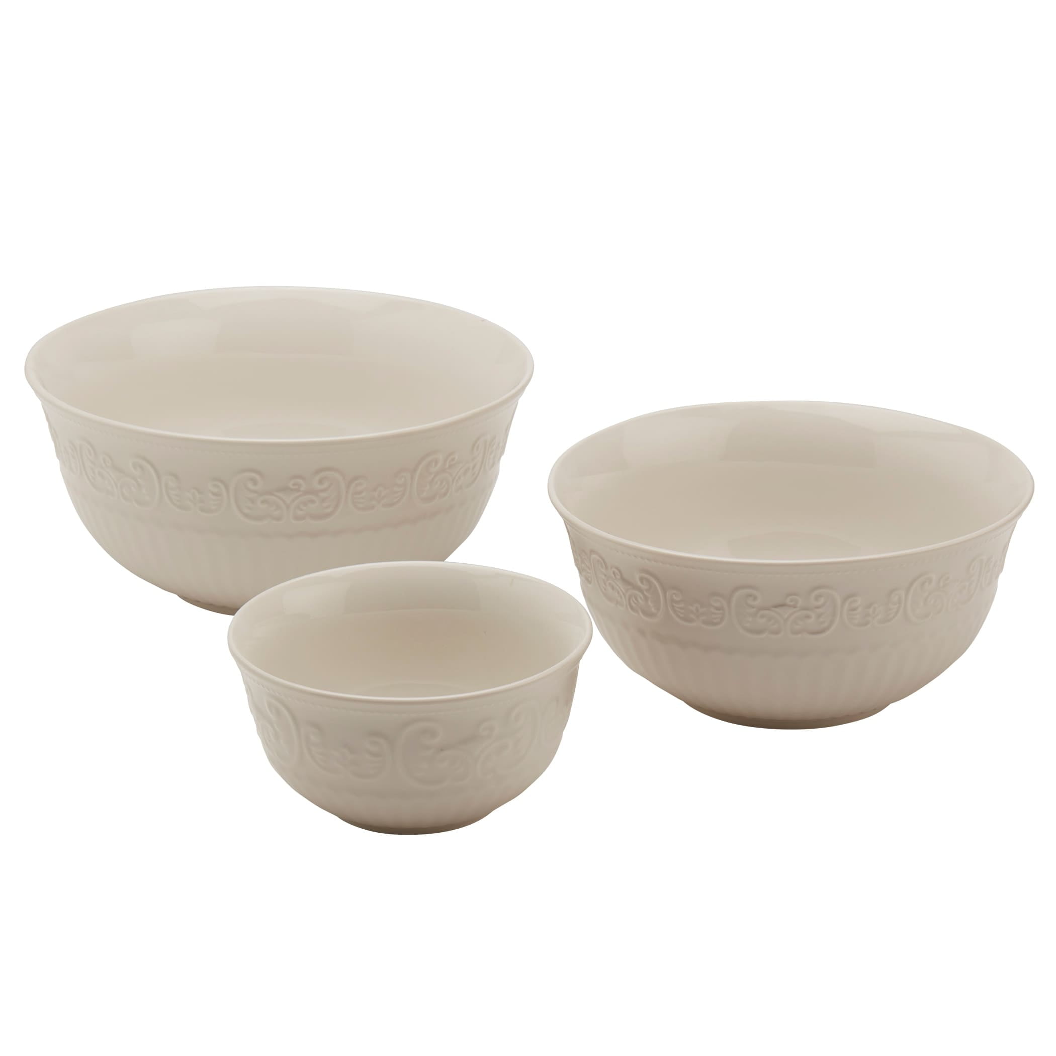 Tabletops Gallery 3 Piece Medici Embossed White Bowl Set - 8