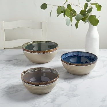 Tabletops Gallery 3 Piece Tuscan Reactive Glaze Stoneware Serving Bowl Set (Blue, Green, Brown)