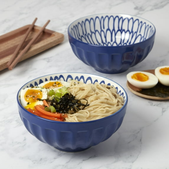 Tabletops Gallery 6.5" Cobalt Cafe Fluted Stoneware Ramen Noodle Bowls, Set of 2