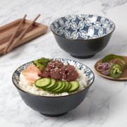 Tabletops Gallery 6" Blue Pattern Embossed Stoneware Ramen Noodle Bowls, Set of 2