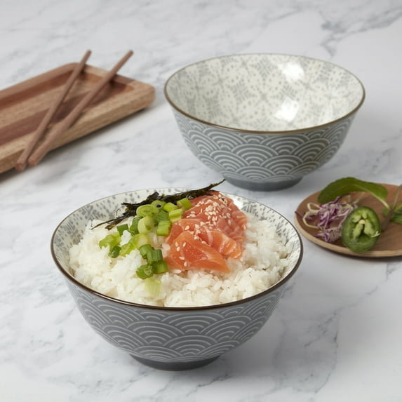 Tabletops Gallery 6" Gray Wave Embossed Stoneware Ramen Noodle Bowls, Set of 2