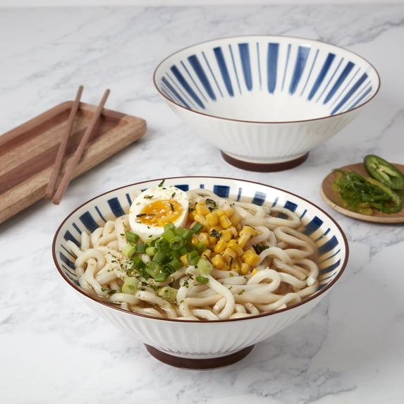 Tabletops Gallery 8" Blue Stripe Stoneware Ramen Noodle Bowls, Set of 2