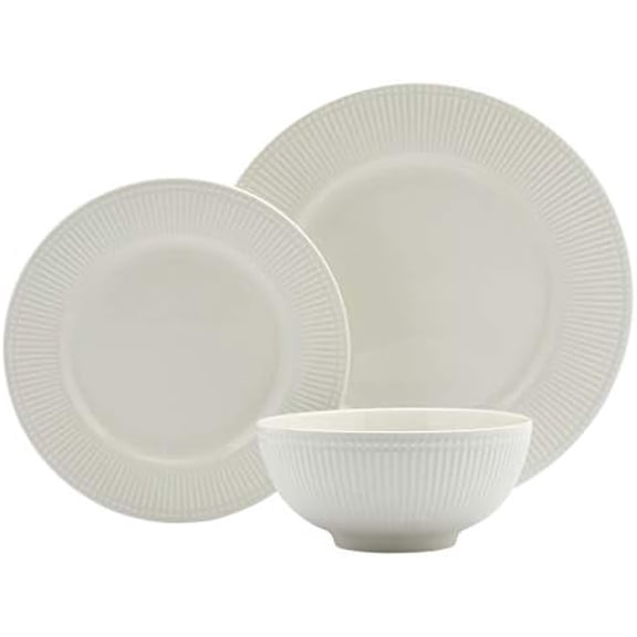 Tabletops Gallery Embossed Bone White Porcelain Round Dinnerware Collection- Chip Resistant Scratch Resistant, Fleur 12 Piece Dinnerware Set (Dinner Plate, Salad Plate, Cereal Bowl)