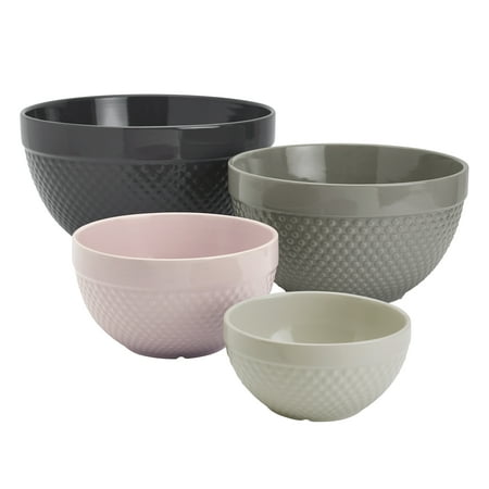 Tabletops Gallery Hobnail Style 4 Piece Timeless Grey Stoneware Nesting Mixing Bowl Set for Baking and Cooking